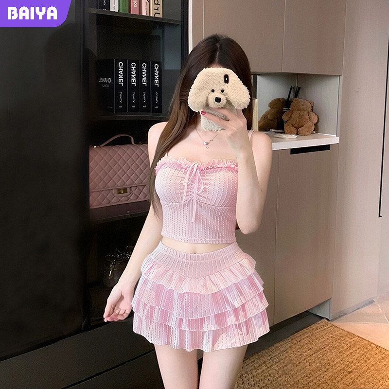 少女风分体两件套带纯色小清新泳比基尼
