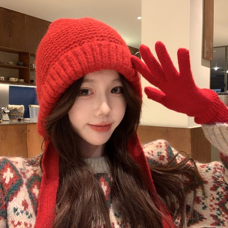 川西旅游红色流苏球针织包头帽女秋冬季国庆出游草原镂空毛线帽子