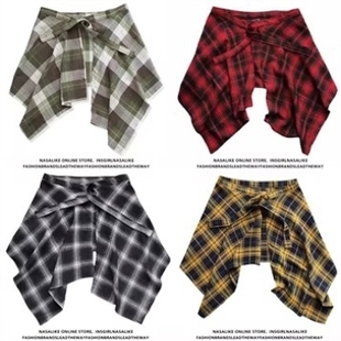 男女春秋冬叠穿一片式系带腰封彩色衬衫格子屁帘遮臂胯藏肉下摆裙