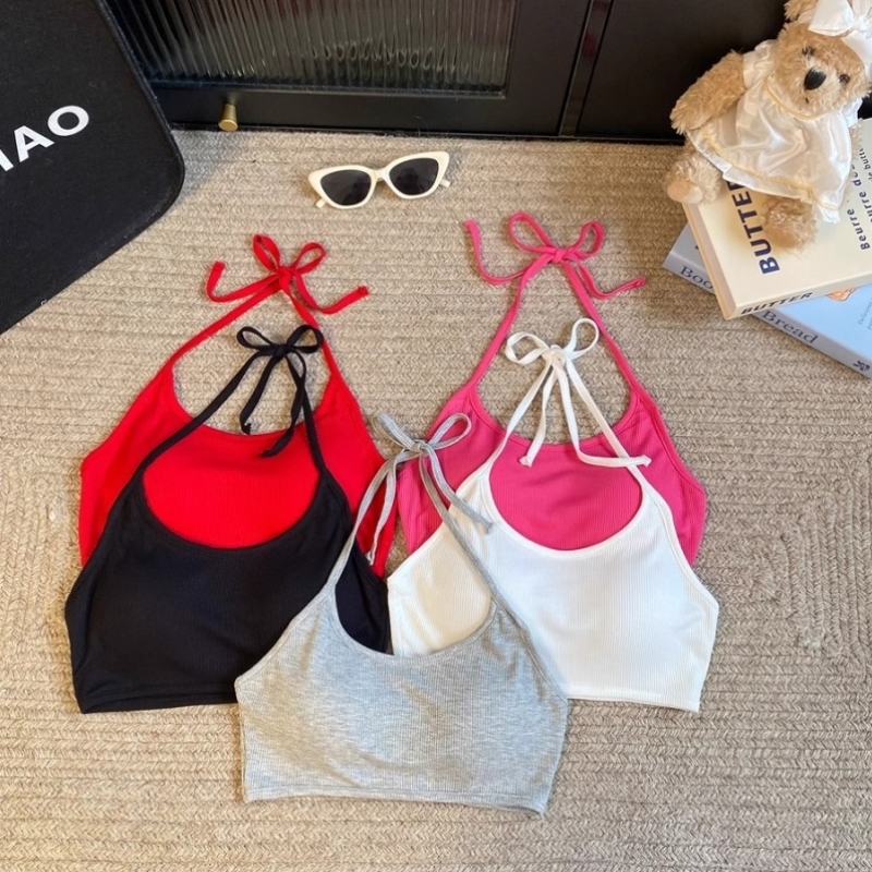 夏季挂脖吊带沙滩度假风绑带百搭罩衫短款背心女带胸垫抹胸内衣女