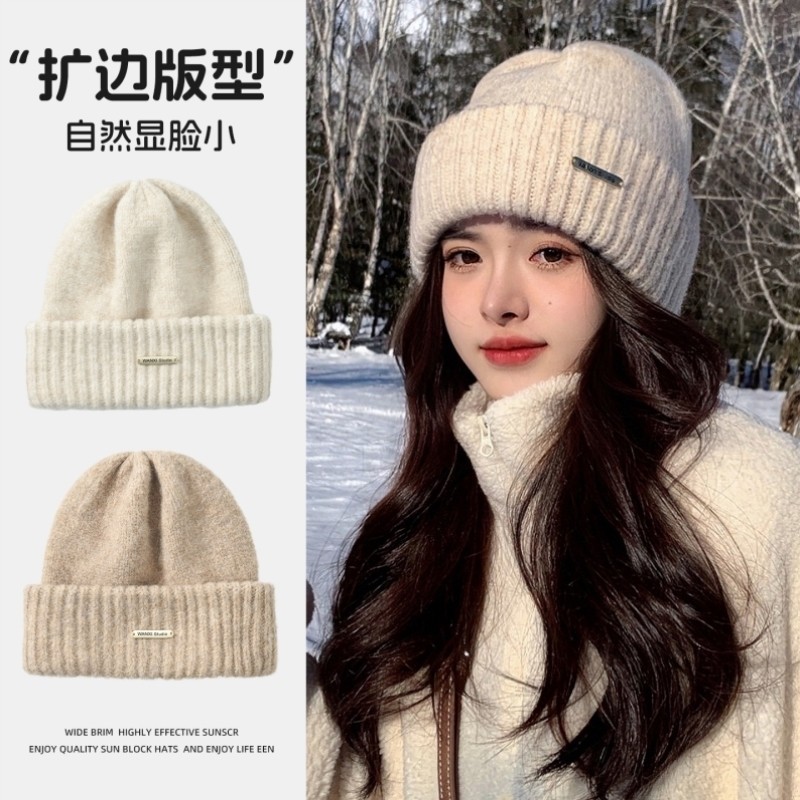 毛线帽子女款秋冬季显脸小大头围保暖针织冷帽白色东北防寒包头帽