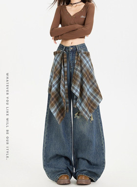 高街屁帘阔腿牛仔裤女2025秋季新款显瘦高腰宽松复古假破洞直筒裤