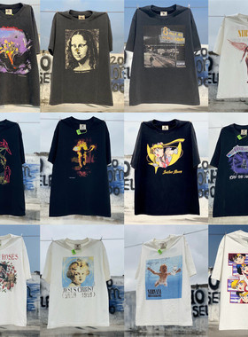 正确版本重磅水洗做旧杜宾犬白墨直喷印花vtg欧美潮牌圆领男女短T