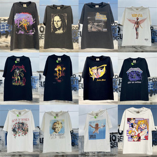 正确版 本重磅水洗做旧杜宾犬白墨直喷印花vtg欧美潮牌圆领男女短T