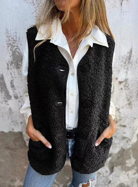 2024独立站秋冬新款羊羔绒摇粒绒纽扣背心夹克马甲外套