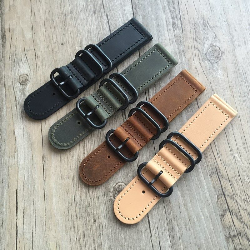 手工真皮全尺寸表带 男款疯马皮胖大海表带黑色棕色原色植鞣革