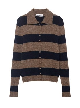 WMXZ秋冬3653113新款撞色翻领条纹百搭宽松针织开衫女3653/113