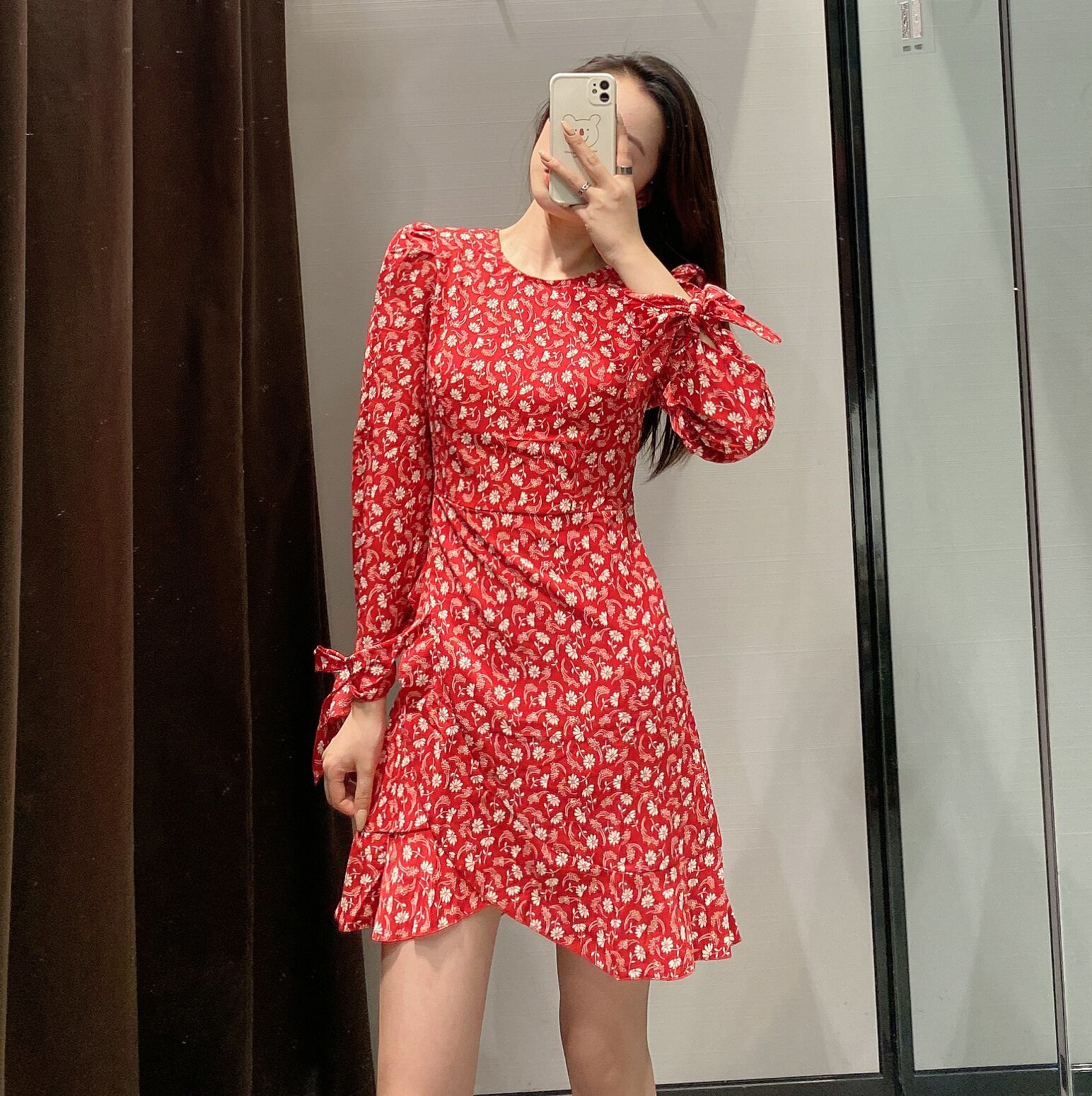 2020女装新品印花红色法式修身显瘦荷叶边连衣裙不规则下摆短裙