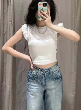 WMXZ现货新款女装时尚辣妹风修身小飞袖圆领棉质短款T恤衫1660301