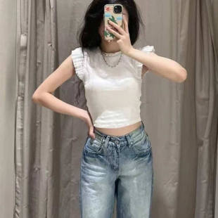 WMXZ现货新款女装时尚辣妹风修身小飞袖圆领棉质短款T恤衫1660301
