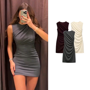 法式 4772350 WMXZ春季 女装 短连衣裙 3067220 圆领无袖 新品 褶皱修身