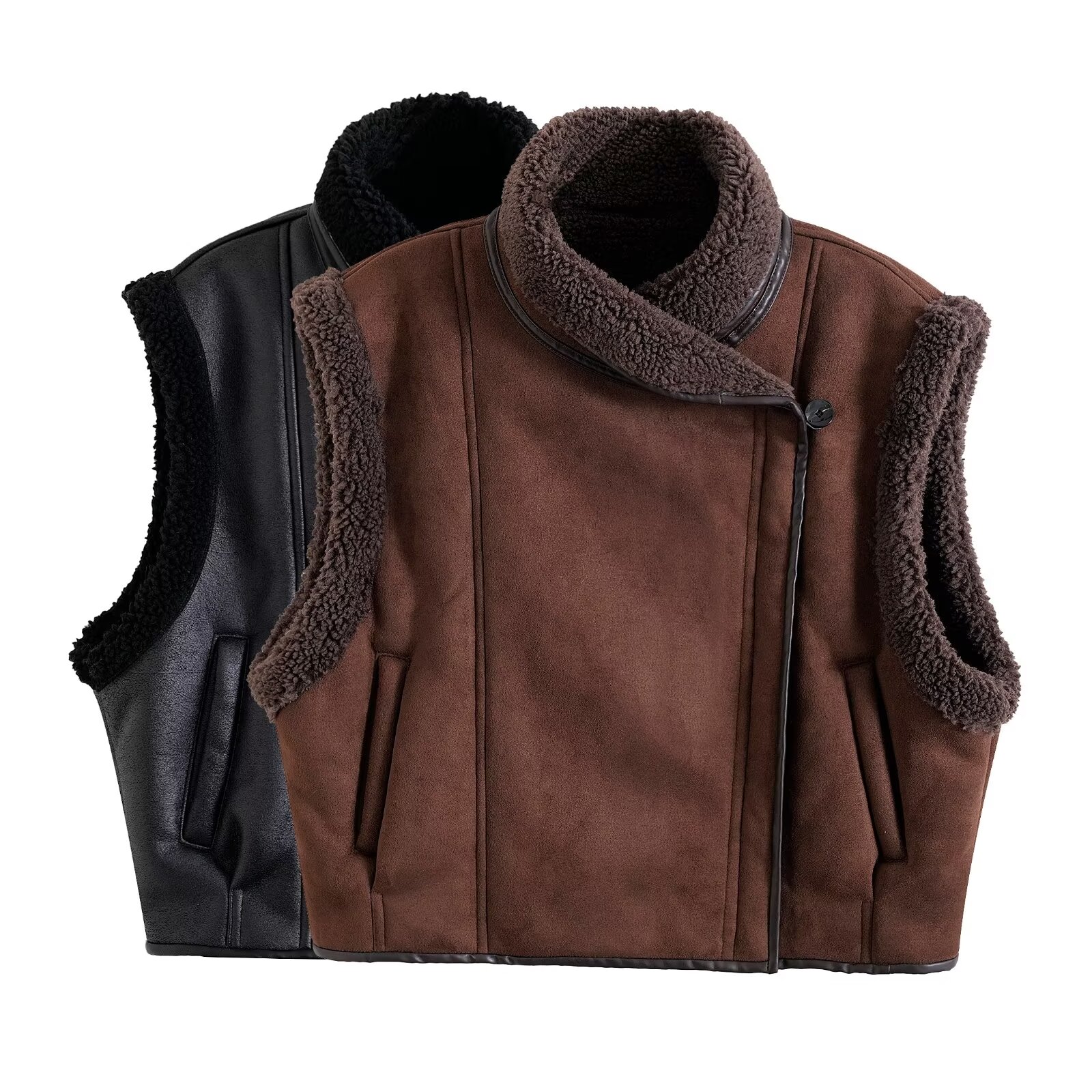 立领拉链饰皮毛一体宽松马甲女