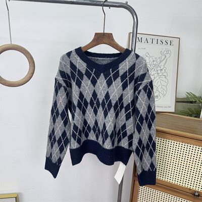 WMXZ春季2142227新款V领菱形纹百搭休闲长袖针织衫女2142/227