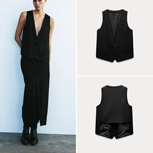 WMXZ背部丝缎质感背心休闲无袖马甲V领修身坎肩西服外套8338783