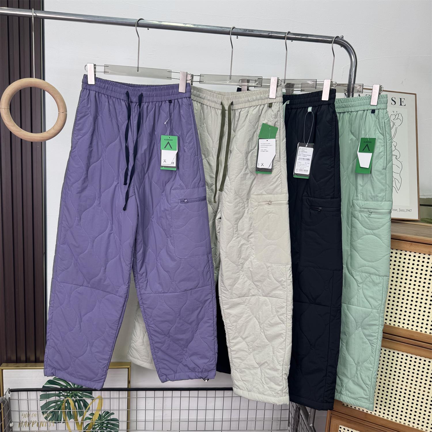 新款户外葫芦绗缝夹棉防风保暖宽松直筒束脚轻薄休闲棉裤男女秋冬