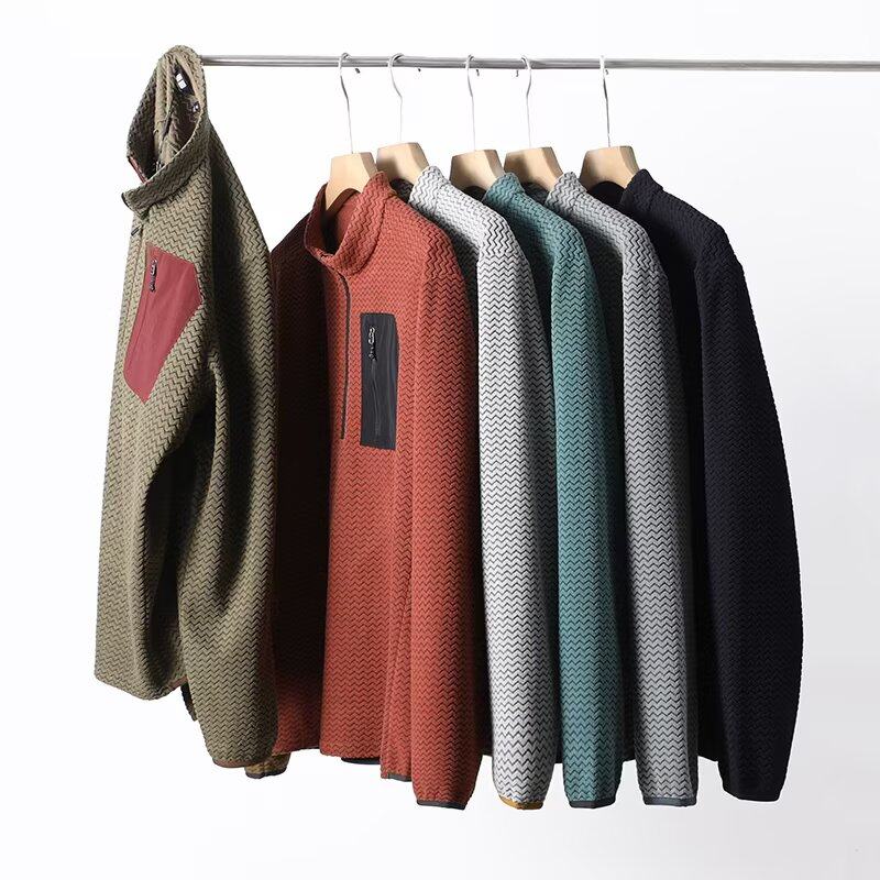 大厂订单！户外休闲男女情侣波浪纹登山半拉链抓绒衫套头长袖卫衣