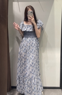 连衣裙女9878 一字露肩花边印花长款 112 9878112新款 WMXZ春季