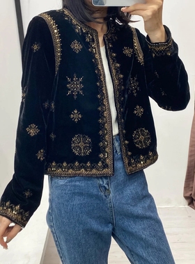 WMXZ 秋新款女装黑色 民族宫廷风刺绣天鹅绒外套6895/243 6895243