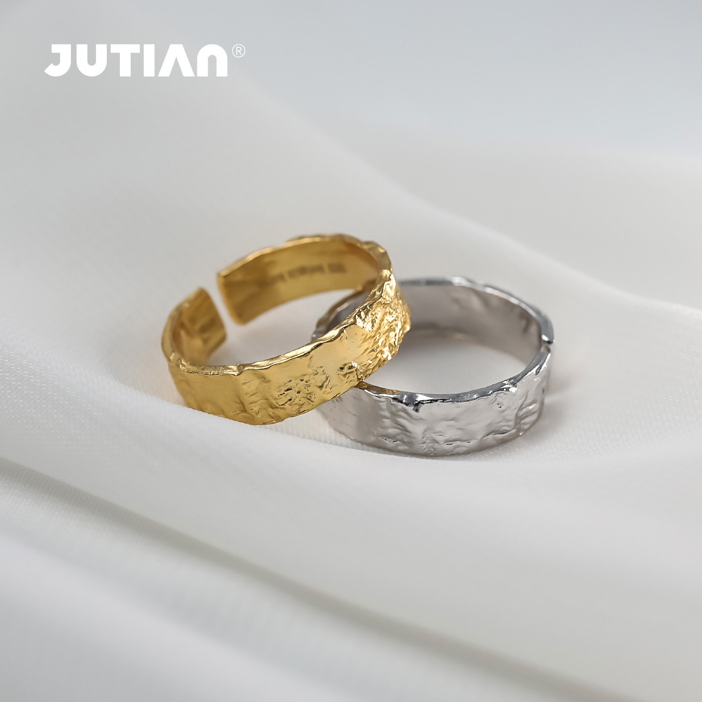 JUTIAN复古凹凸纯银戒指女ins潮 金色开口小指尾戒女时尚个性指环
