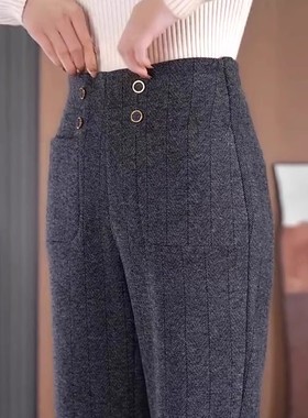 清仓捡漏灰色毛呢裤子女士微喇裤秋冬中年妈妈高腰加绒加厚喇叭裤