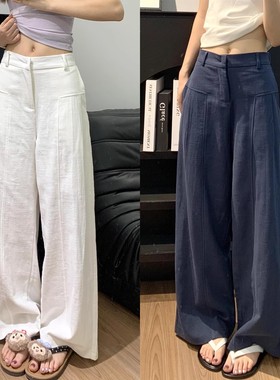 清仓捡漏白色棉麻西装裤女春秋高腰垂感老钱风直筒亚麻苎麻阔腿裤