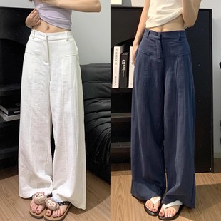 女春秋高腰垂感老钱风直筒亚麻苎麻阔腿裤 清仓捡漏白色棉麻西装 裤