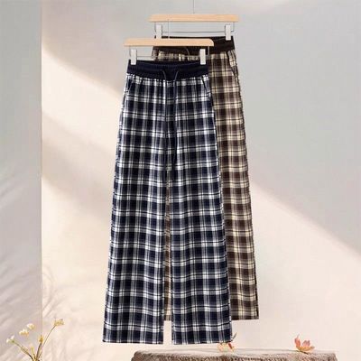复古格子阔腿裤女休闲直筒运动裤