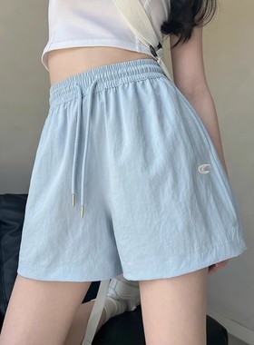 清仓捡漏蓝色刺绣工装裤女夏季高腰宽松a字美式速干运动五分短裤