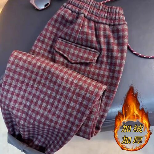 加绒加厚冬季红色格纹休闲阔腿裤