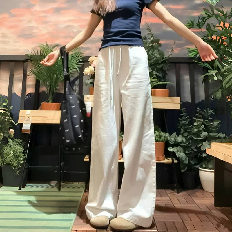 白色阔腿裤女春秋直筒棉麻牛仔裤
