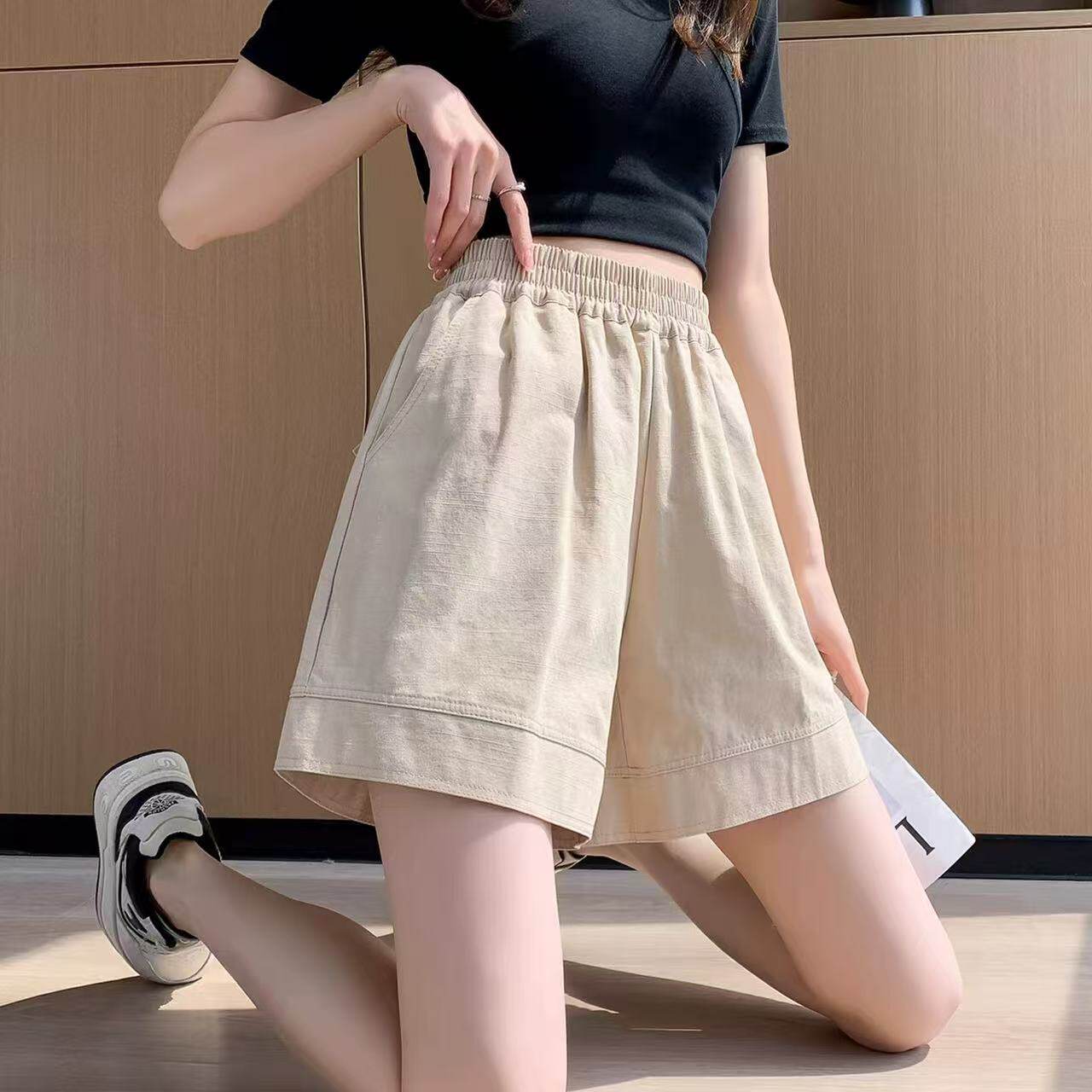 卡其色棉麻休闲短裤女夏季五分裤