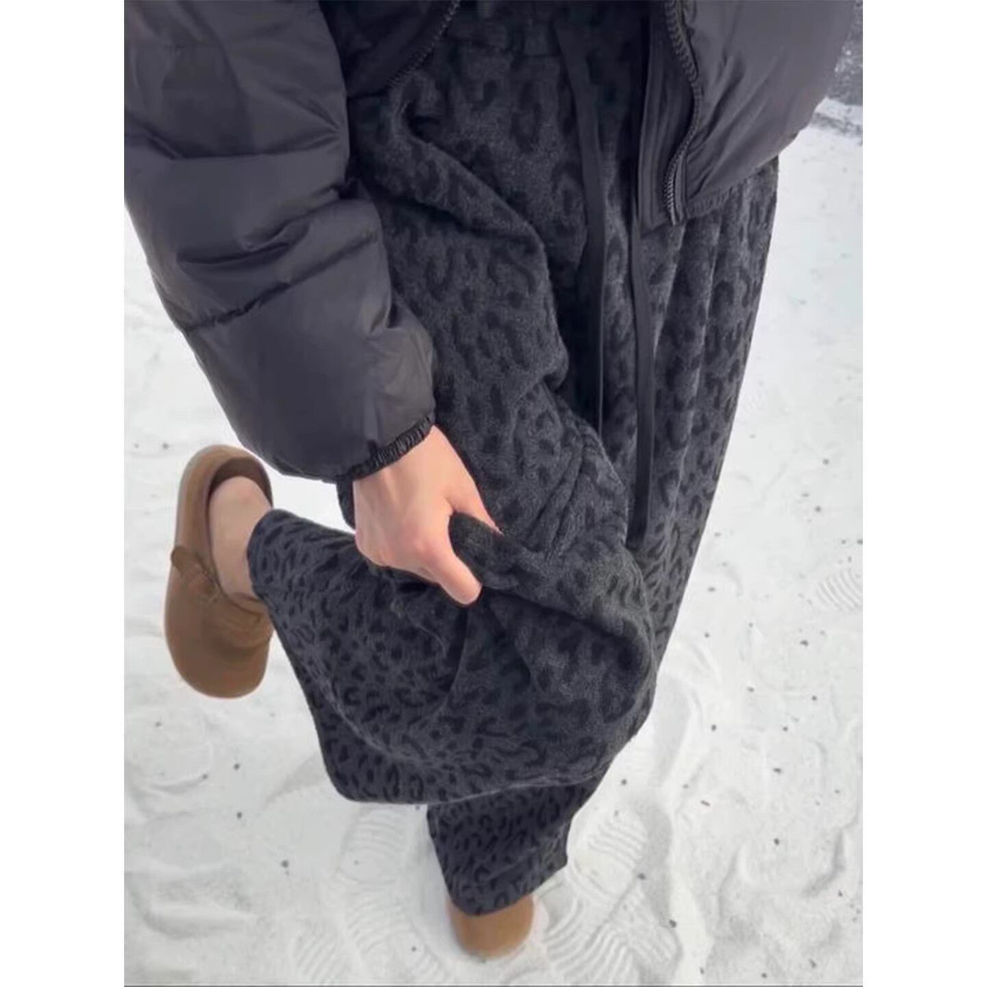 大码加绒豹纹阔腿裤女胖mm毛巾裤