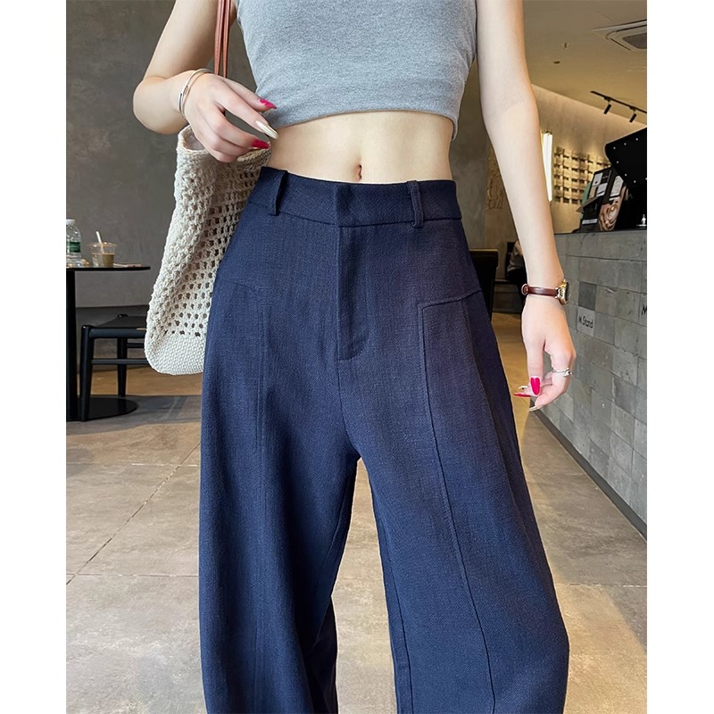 藏青色亚麻阔腿裤女春秋休闲长裤