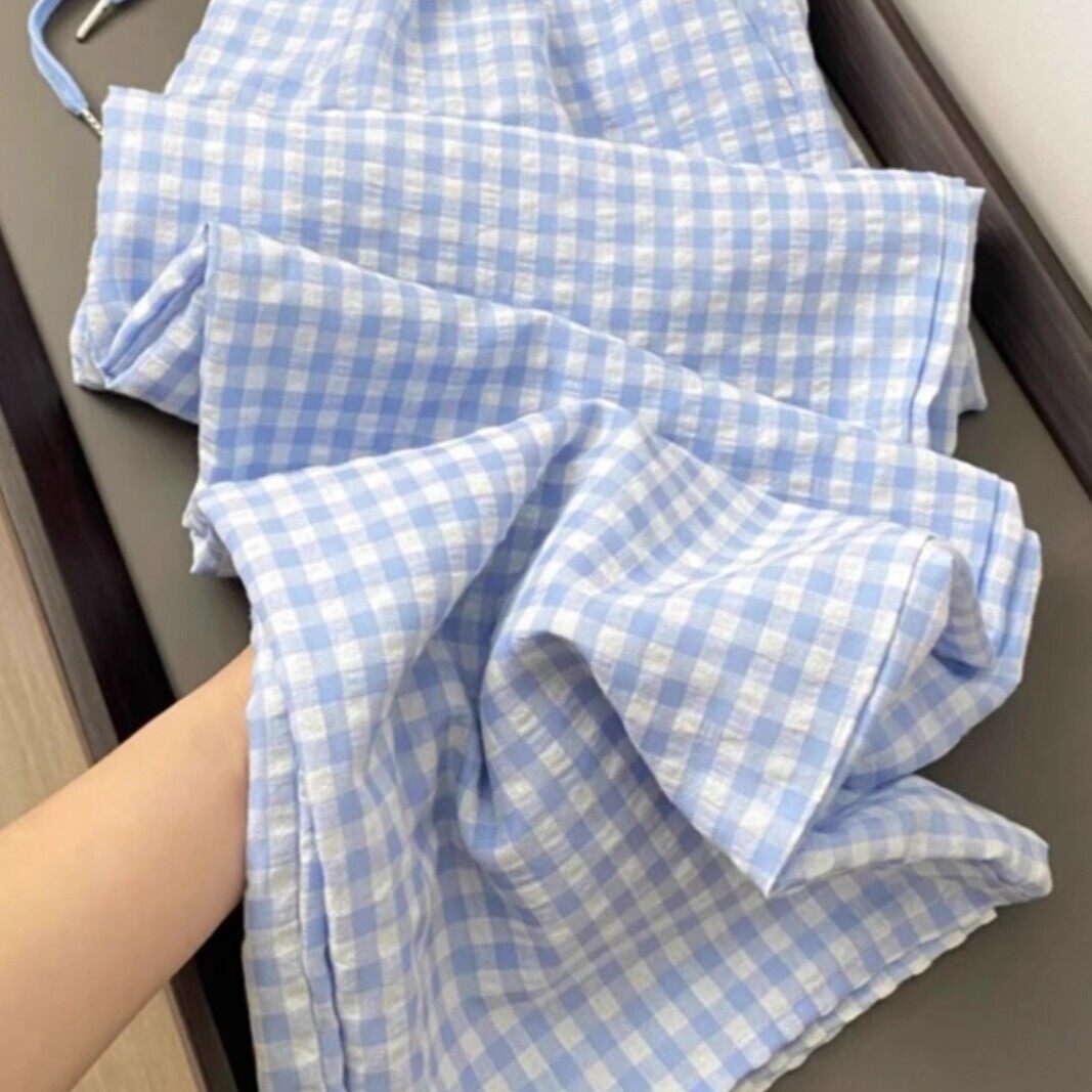 夏季蓝白色格子假两件休闲裤女