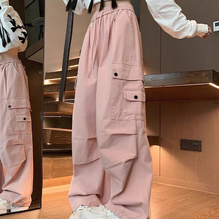 清仓捡漏粉色工装裤女春夏季大码宽松美式复古显瘦慵懒阔腿运动裤