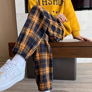 子女春秋冬直筒宽松束脚休闲运动卫裤 清仓捡漏美式 复古撞色格子裤