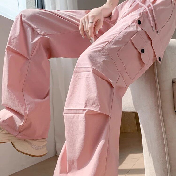 清仓捡漏美式粉色冰丝速干工装裤子女夏天显瘦直筒束脚阔腿运动裤