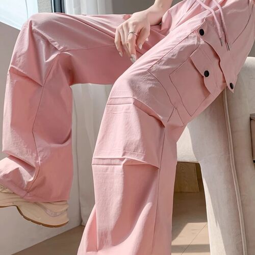 美式粉色冰丝速干工装裤子女夏天