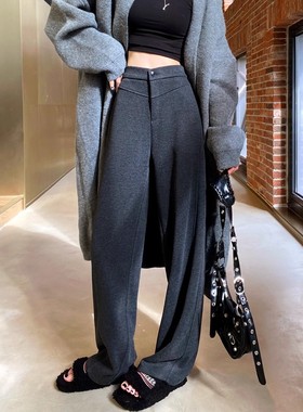 清仓捡漏灰色香蕉裤女秋冬窄版阔腿裤休闲羊毛呢垂感直筒弯镰刀裤
