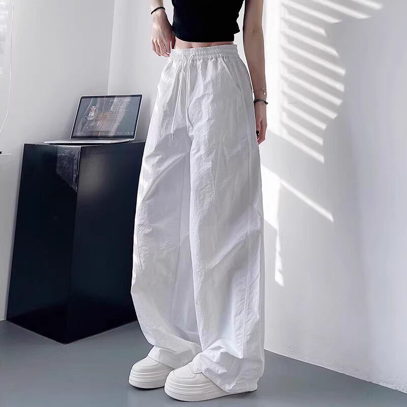清仓捡漏美式白色速干裤女夏季薄款宽松阔腿裤高腰褶皱运动工装裤