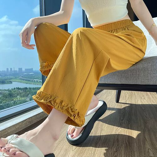 冰丝九分阔腿裤女夏季花边花苞裤
