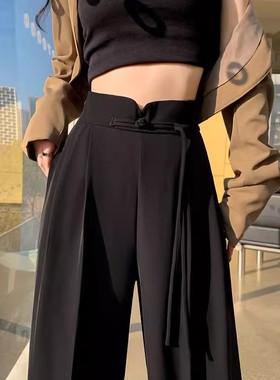 清仓捡漏黑色新中式国风西装裤女夏季高腰垂感直筒休闲窄版阔腿裤