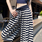 清仓捡漏藏青色条纹阔腿裤女2026夏薄款慵懒风高腰垂感直筒拖地裤