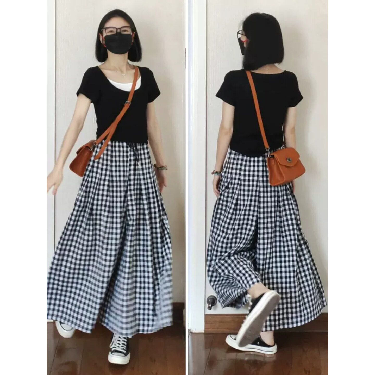 黑白格子裙裤女夏季阔腿九分裤裙