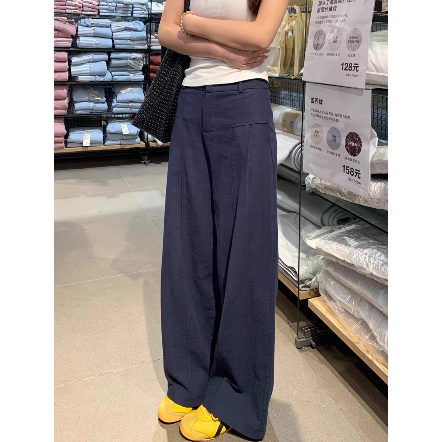 藏青色苎麻直筒棉麻休闲裤女春秋