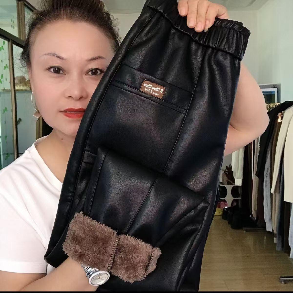 加绒保暖秋冬PU皮裤女加厚哈伦裤