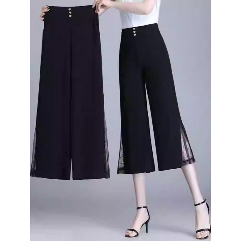 清仓捡漏夏季薄款开叉冰丝雪纺阔脚裤女中年妈妈七分九分裤直筒裤