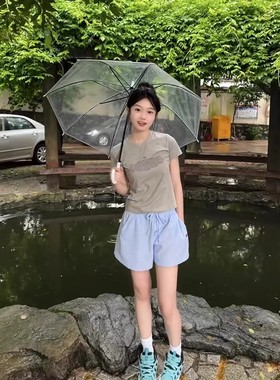 清仓捡漏蓝色竖条纹短裤女小个子夏季薄款休闲宽松高腰抽绳阔腿裤