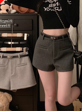 清仓捡漏冬季毛呢短裤秋冬女灰色高腰西装裤黑色阔腿呢子外穿靴裤