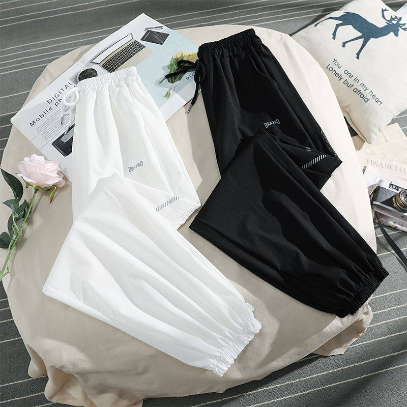 白色冰丝运动裤女夏季九分休闲裤